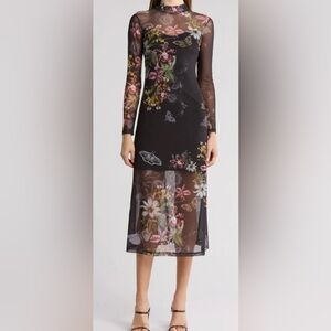 All Saints Floral Mesh Dress - Black and Multicolor